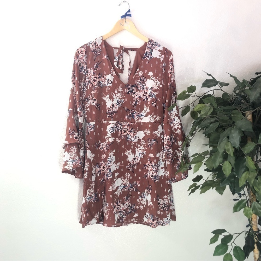 NWOT Mauve Floral Dress With Bell Sleeves
